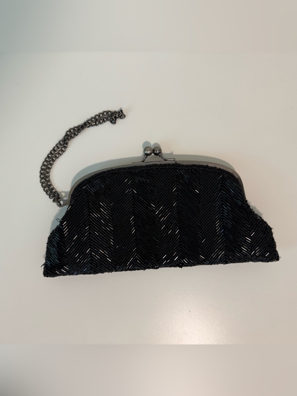 The Limited Black Beaded Clutch with Silver Chain